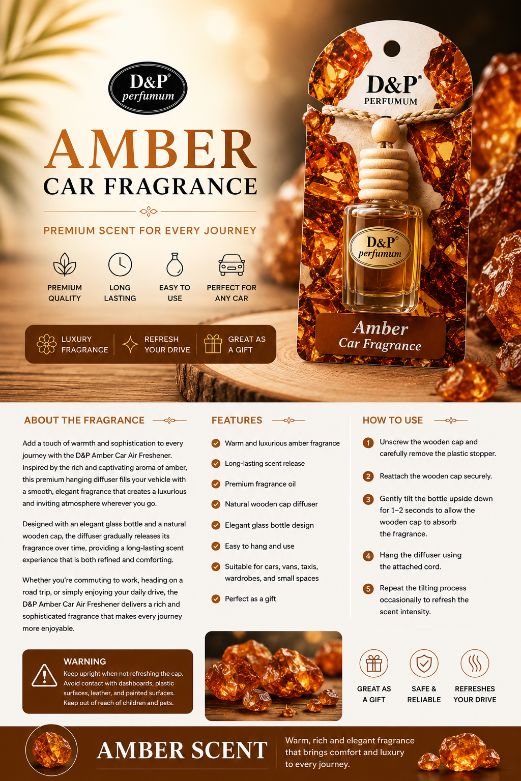 D&P Amber Car Air Freshener – Premium Hanging Diffuser