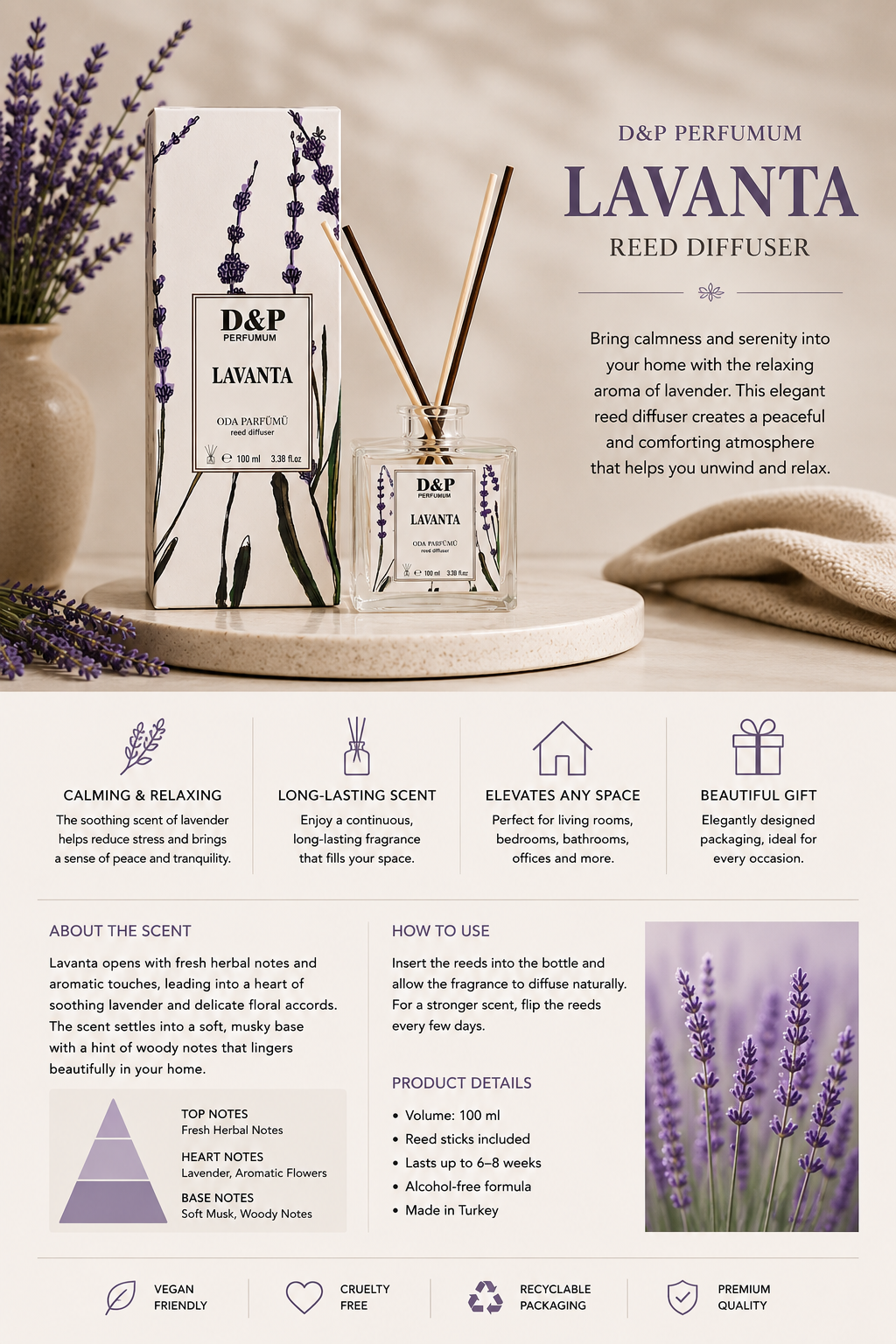 D&P Lavender Reed Diffuser – Home Fragrance 100ml