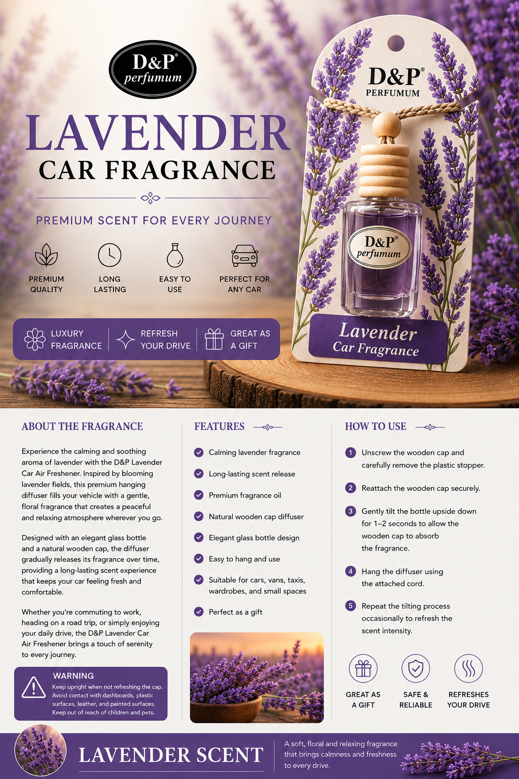 D&P Lavender Car Air Freshener – Premium Hanging Diffuser