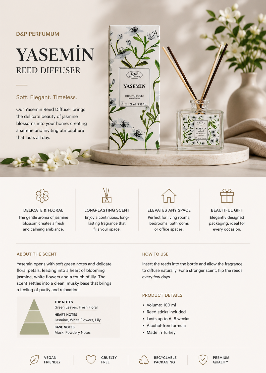 D&P Jasmine Reed Diffuser – Home Fragrance 100ml