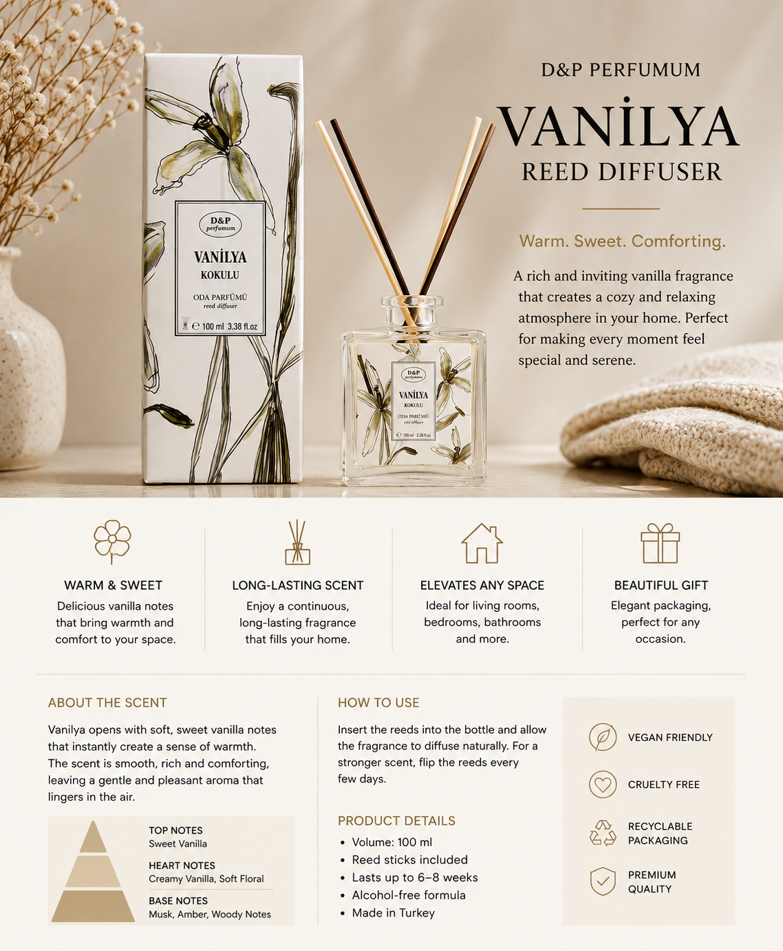 D&P Vanilla Reed Diffuser – Home Fragrance 100m